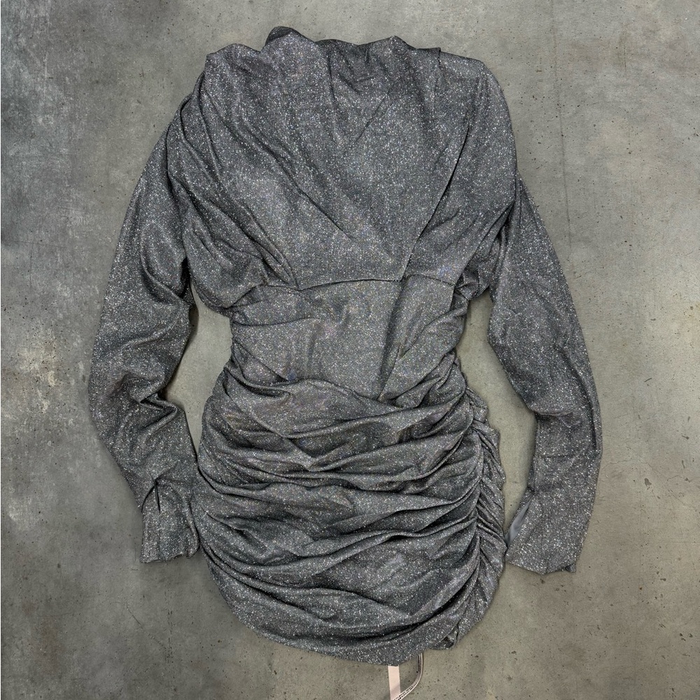 House of CB Silver Glitter Ruched Mini Dress Long Sleeve NWT L+